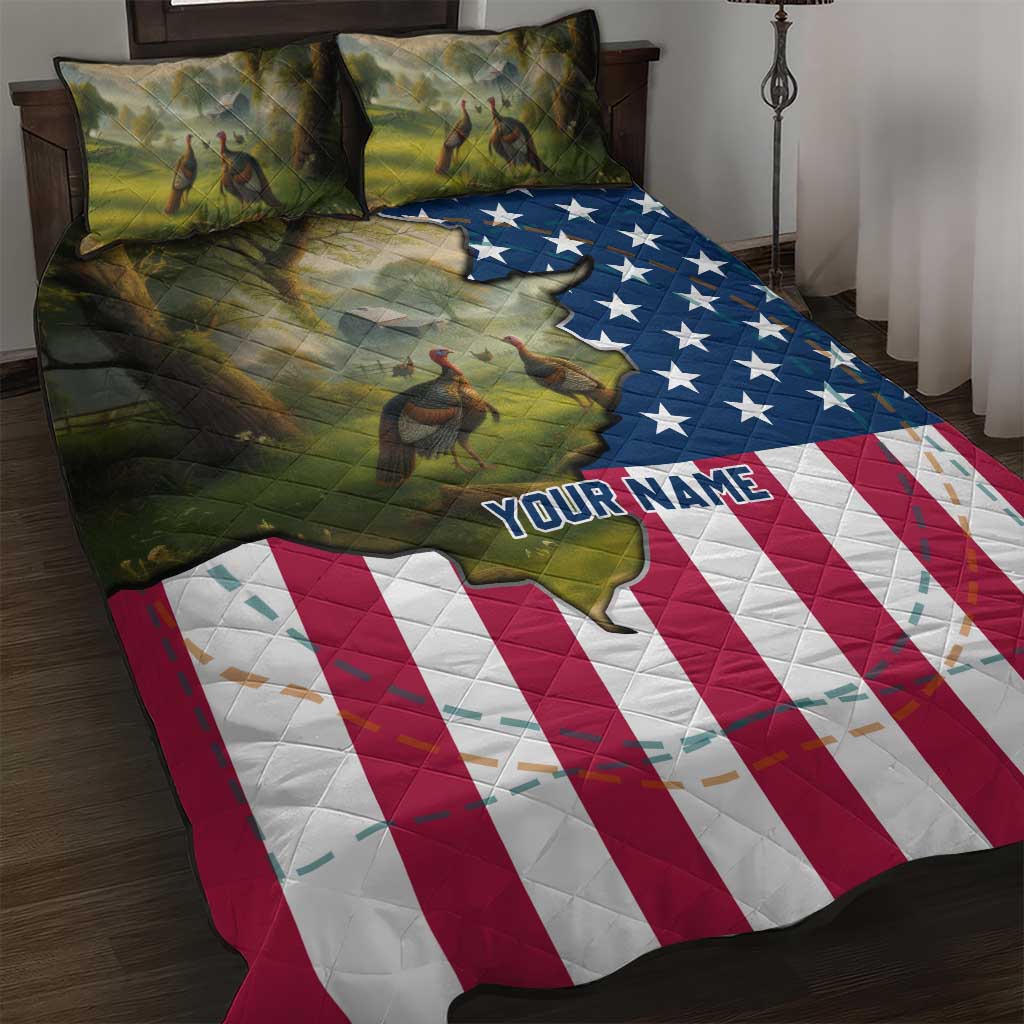 Custom American Flag Turkey Hunting Quilt Bed Set with Illinois State Outline Country Farm Scene - Wonder Print Shop
