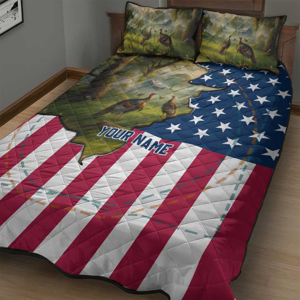 Custom American Flag Turkey Hunting Quilt Bed Set with Illinois State Outline Country Farm Scene - Wonder Print Shop