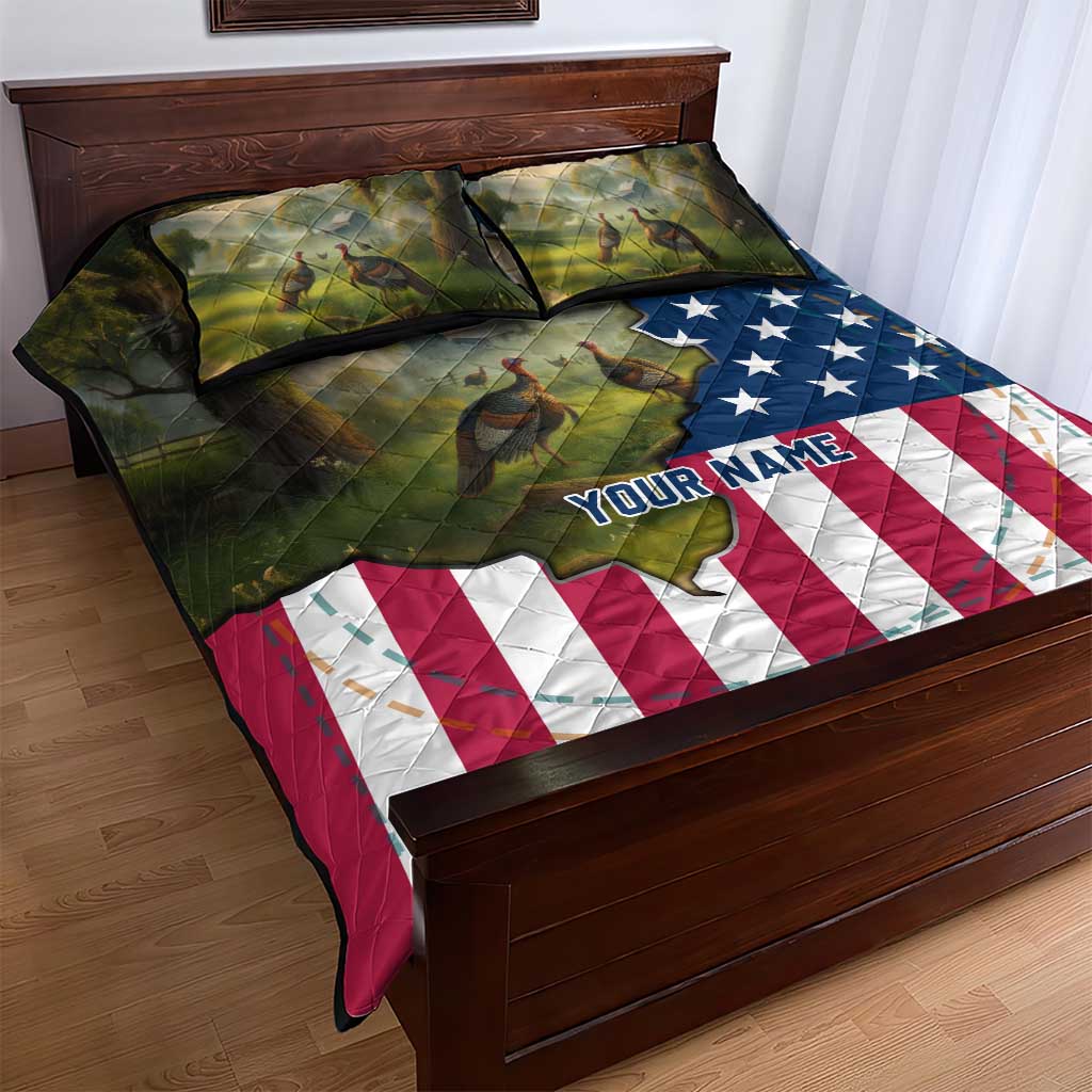 Custom American Flag Turkey Hunting Quilt Bed Set with Illinois State Outline Country Farm Scene - Wonder Print Shop