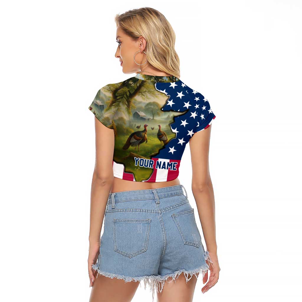 Custom American Flag Turkey Hunting Raglan Cropped T Shirt with Illinois State Outline Country Farm Scene - Wonder Print Shop