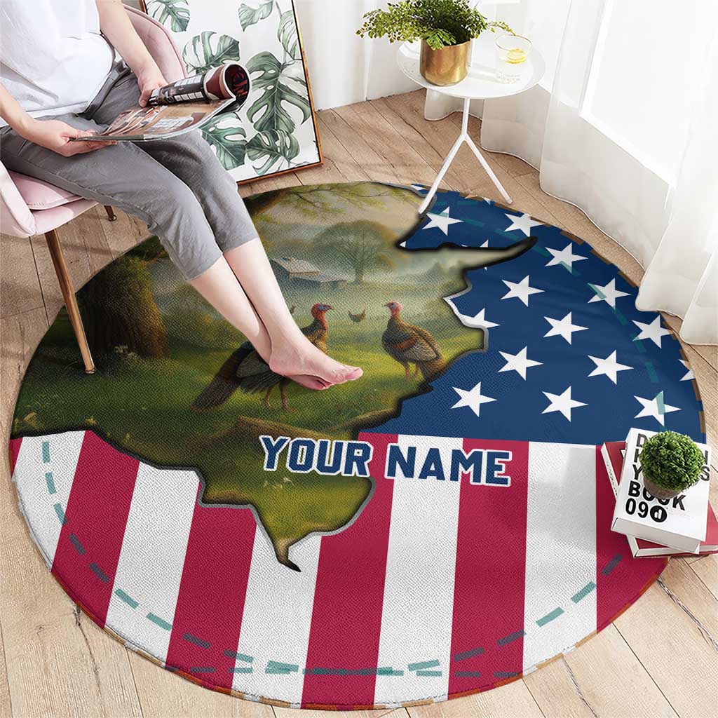 Custom American Flag Turkey Hunting Round Carpet with Illinois State Outline Country Farm Scene - Wonder Print Shop
