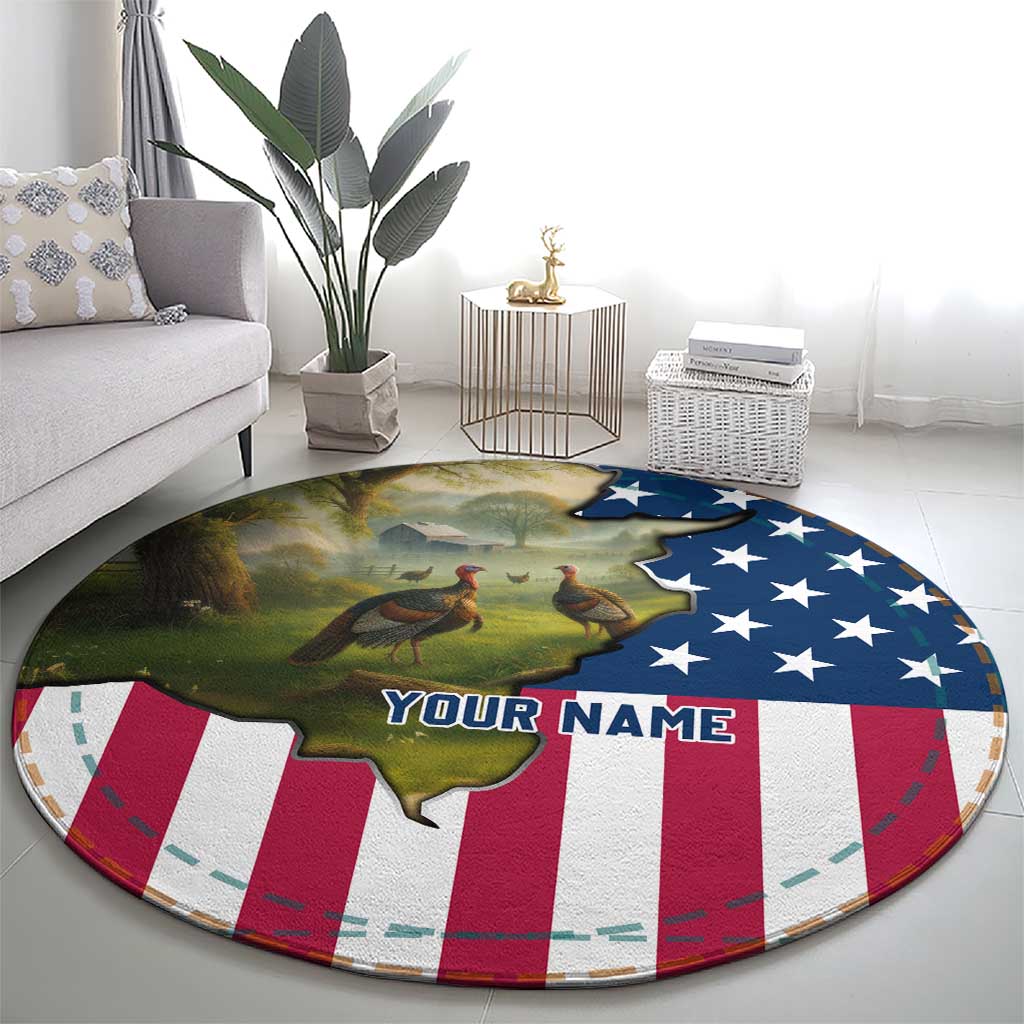 Custom American Flag Turkey Hunting Round Carpet with Illinois State Outline Country Farm Scene - Wonder Print Shop