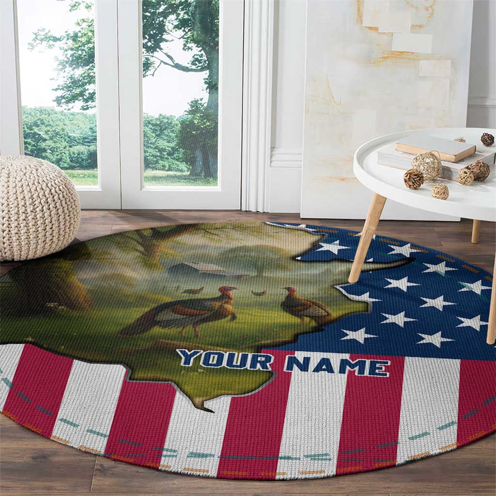 Custom American Flag Turkey Hunting Round Carpet with Illinois State Outline Country Farm Scene - Wonder Print Shop