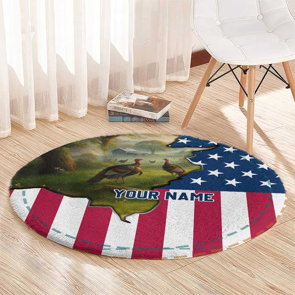 Custom American Flag Turkey Hunting Round Carpet with Illinois State Outline Country Farm Scene - Wonder Print Shop