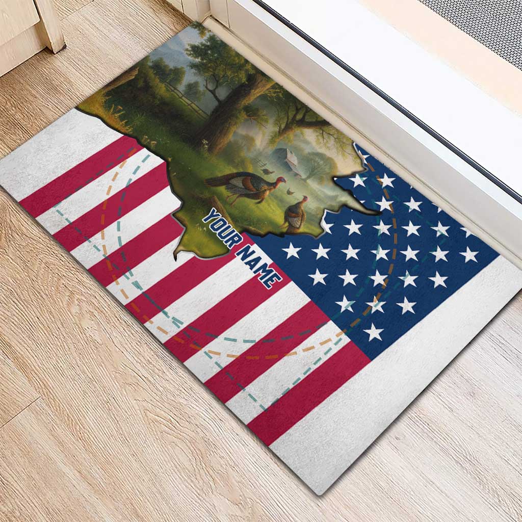 Custom American Flag Turkey Hunting Rubber Doormat with Illinois State Outline Country Farm Scene - Wonder Print Shop