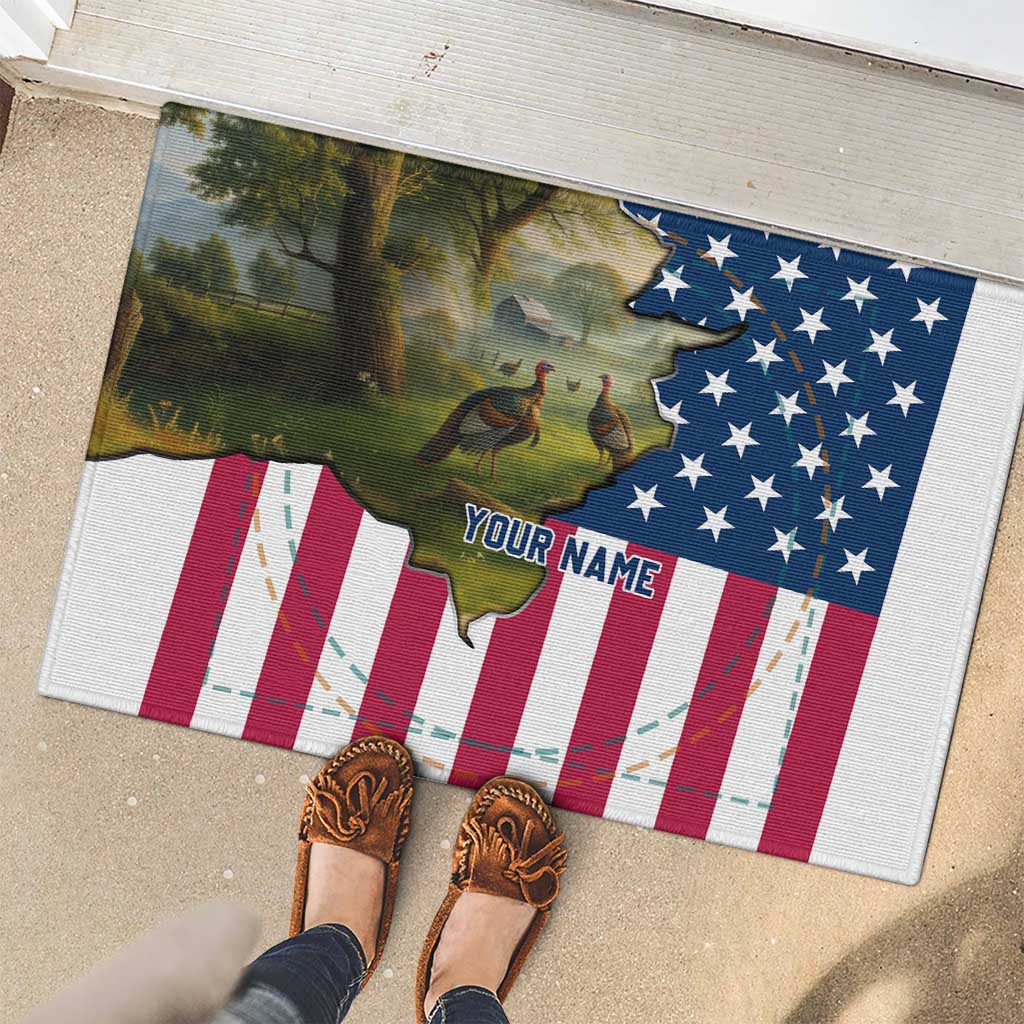 Custom American Flag Turkey Hunting Rubber Doormat with Illinois State Outline Country Farm Scene - Wonder Print Shop