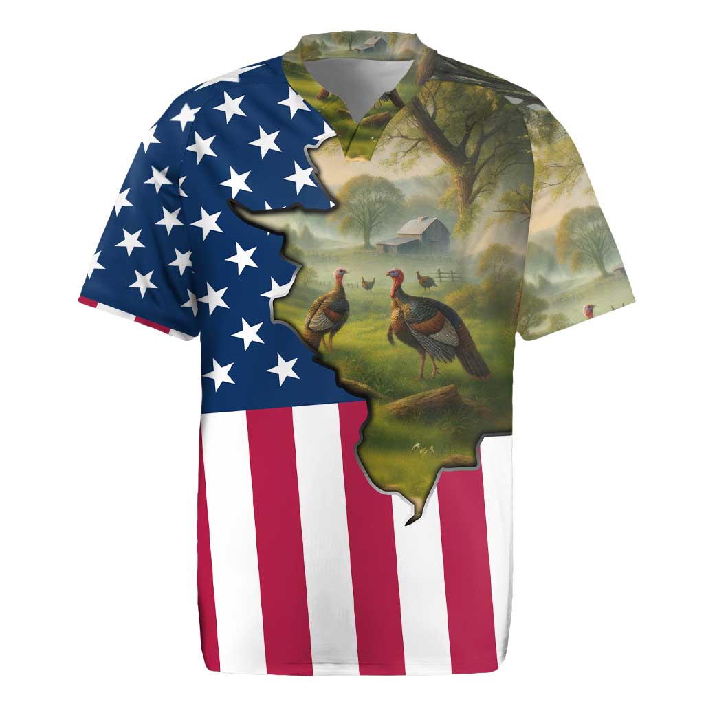 Custom American Flag Turkey Hunting Rugby Jersey with Illinois State Outline Country Farm Scene - Wonder Print Shop