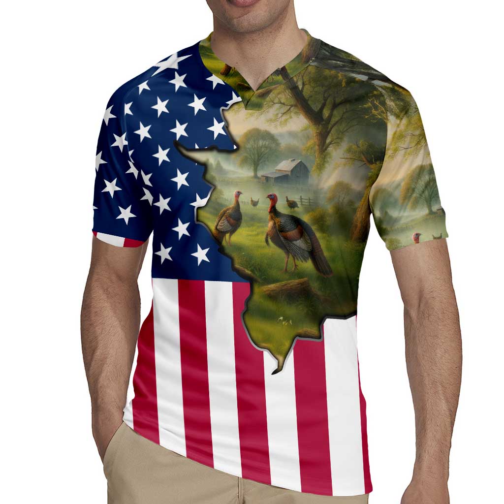 Custom American Flag Turkey Hunting Rugby Jersey with Illinois State Outline Country Farm Scene - Wonder Print Shop