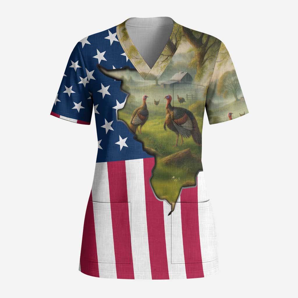 Custom American Flag Turkey Hunting Scrub Top with Illinois State Outline Country Farm Scene - Wonder Print Shop