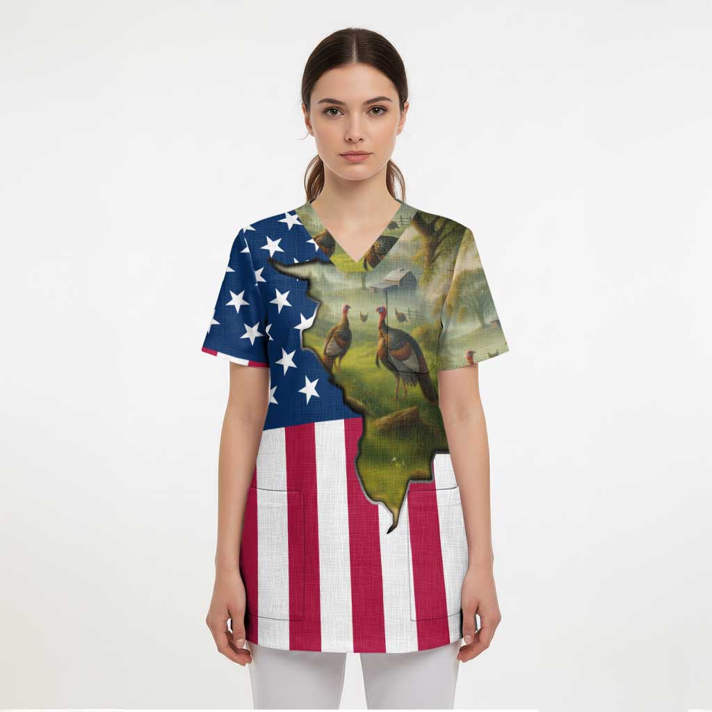 Custom American Flag Turkey Hunting Scrub Top with Illinois State Outline Country Farm Scene - Wonder Print Shop