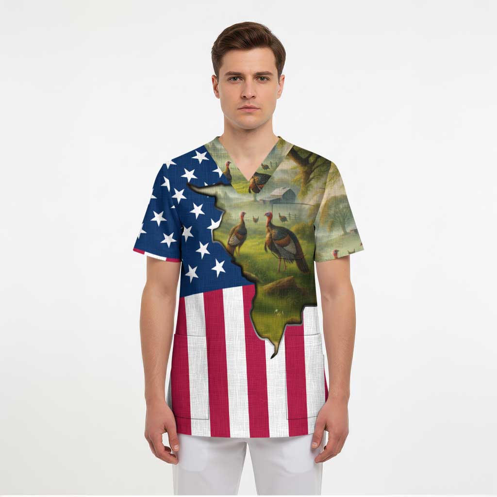 Custom American Flag Turkey Hunting Scrub Top with Illinois State Outline Country Farm Scene - Wonder Print Shop