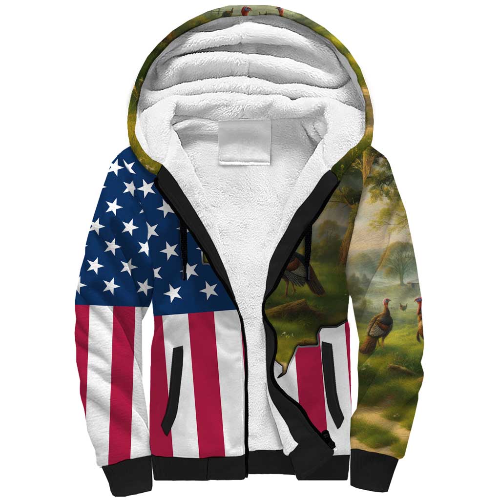 Custom American Flag Turkey Hunting Sherpa Hoodie with Illinois State Outline Country Farm Scene - Wonder Print Shop