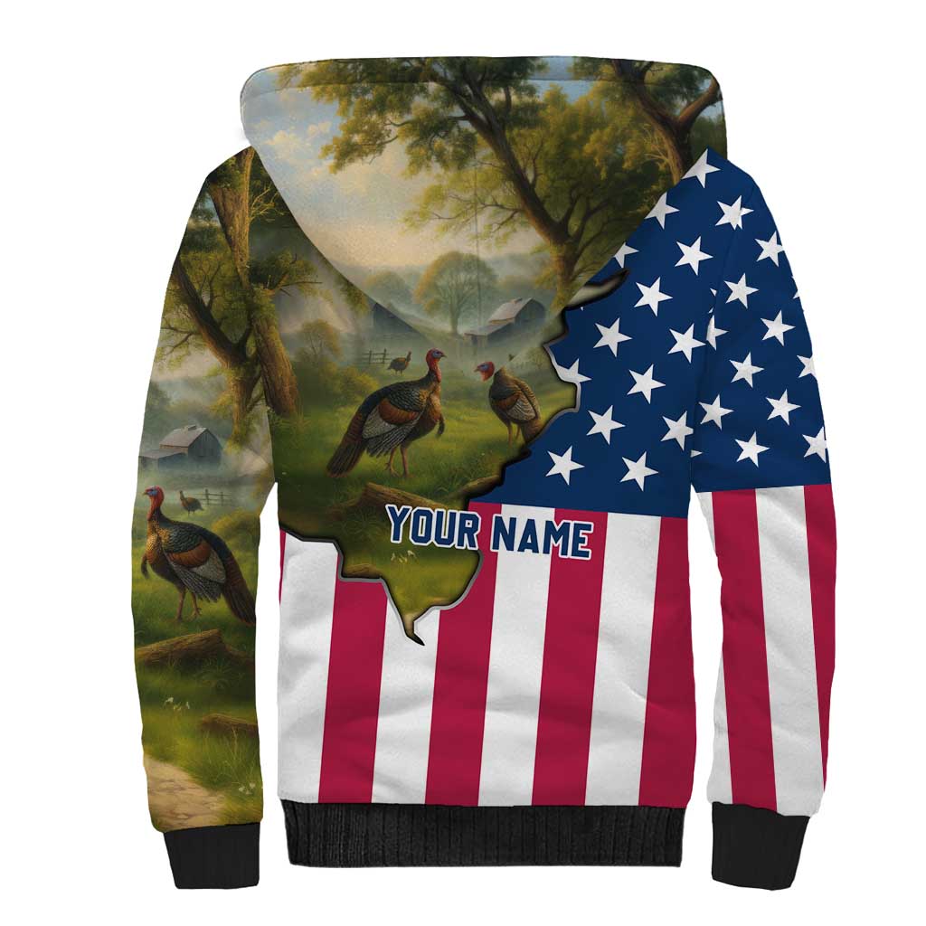 Custom American Flag Turkey Hunting Sherpa Hoodie with Illinois State Outline Country Farm Scene - Wonder Print Shop