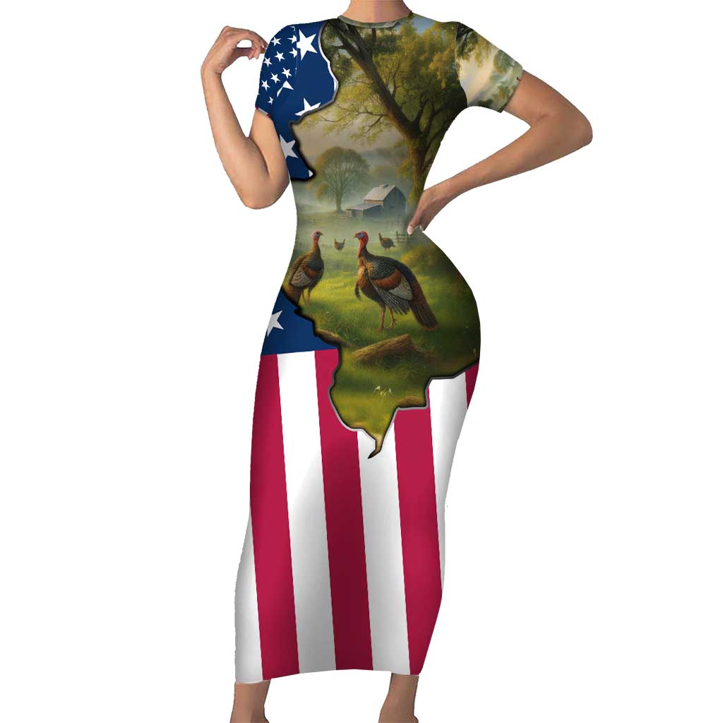 Custom American Flag Turkey Hunting Short Sleeve Bodycon Dress with Illinois State Outline Country Farm Scene - Wonder Print Shop
