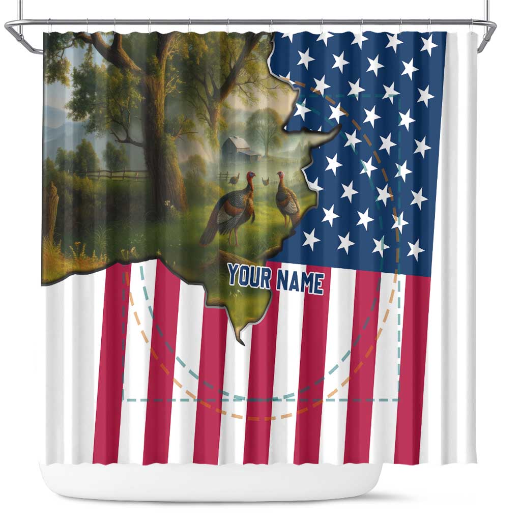 Custom American Flag Turkey Hunting Shower Curtain with Illinois State Outline Country Farm Scene - Wonder Print Shop