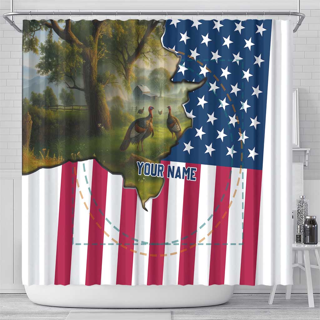 Custom American Flag Turkey Hunting Shower Curtain with Illinois State Outline Country Farm Scene - Wonder Print Shop