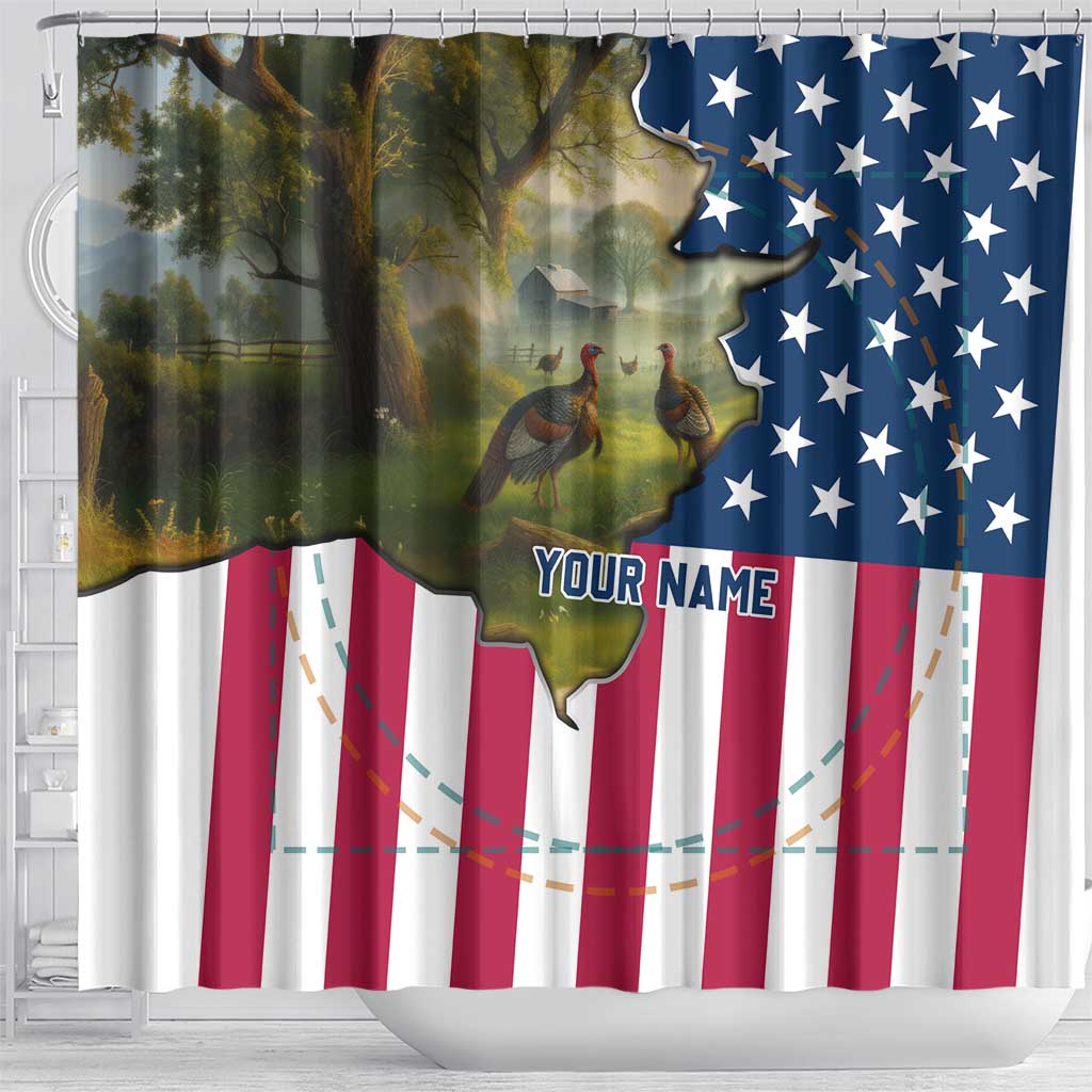 Custom American Flag Turkey Hunting Shower Curtain with Illinois State Outline Country Farm Scene - Wonder Print Shop