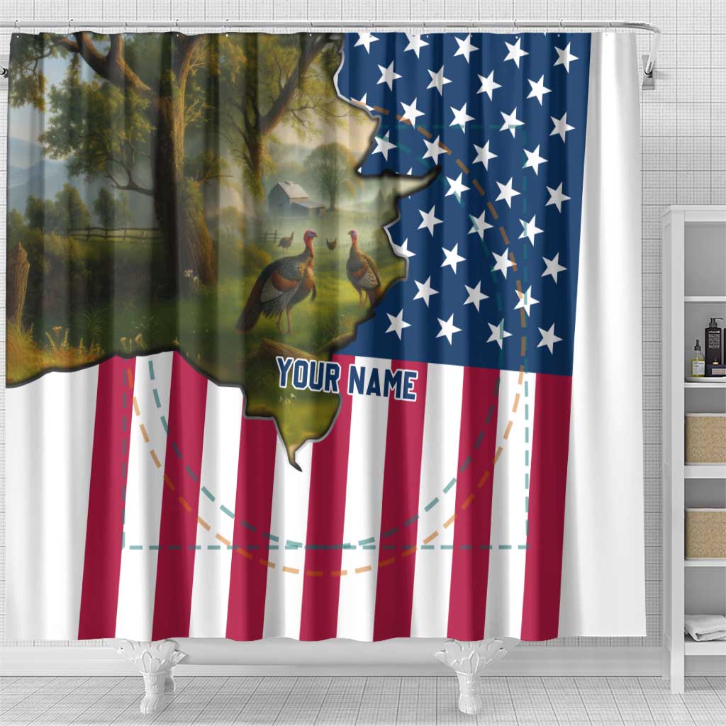Custom American Flag Turkey Hunting Shower Curtain with Illinois State Outline Country Farm Scene - Wonder Print Shop