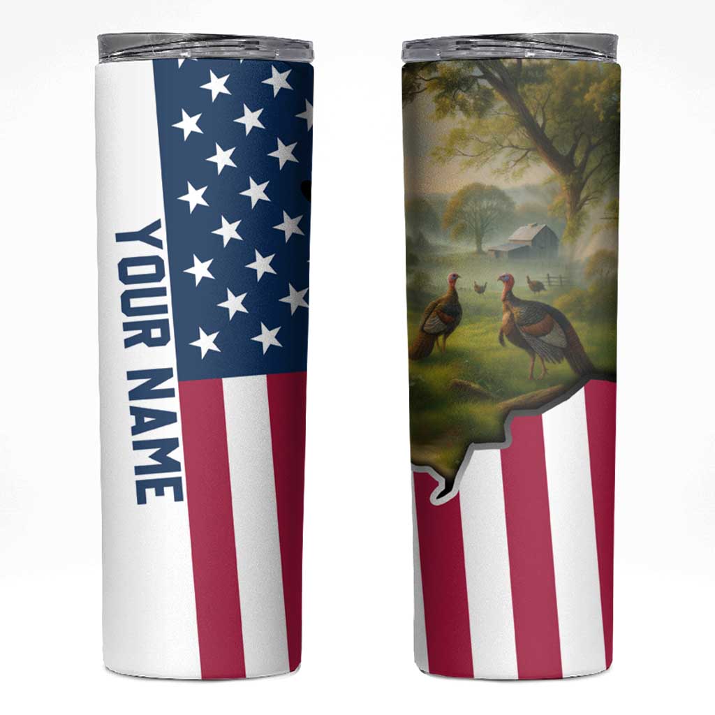 Custom American Flag Turkey Hunting Skinny Tumbler with Illinois State Outline Country Farm Scene - Wonder Print Shop