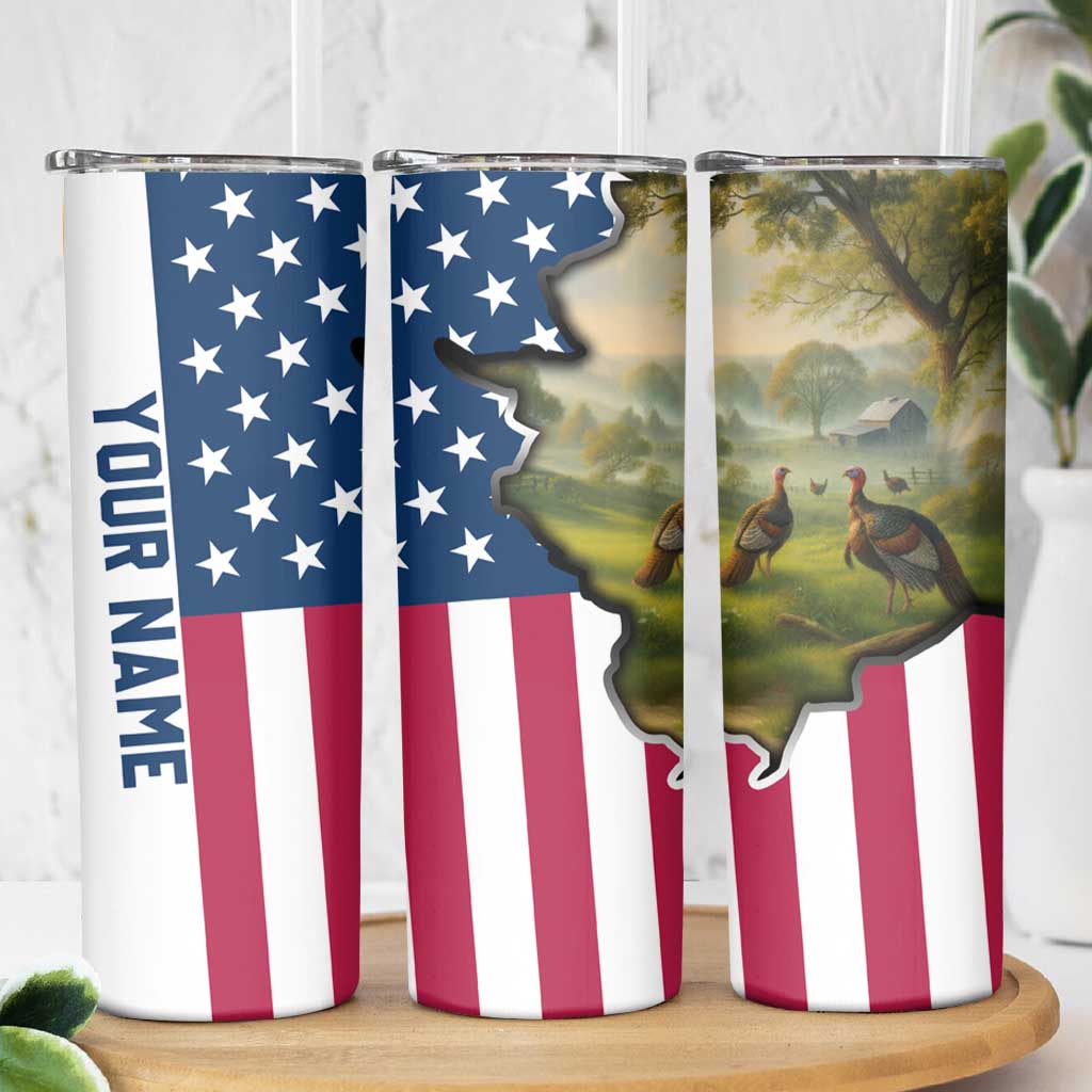 Custom American Flag Turkey Hunting Skinny Tumbler with Illinois State Outline Country Farm Scene - Wonder Print Shop
