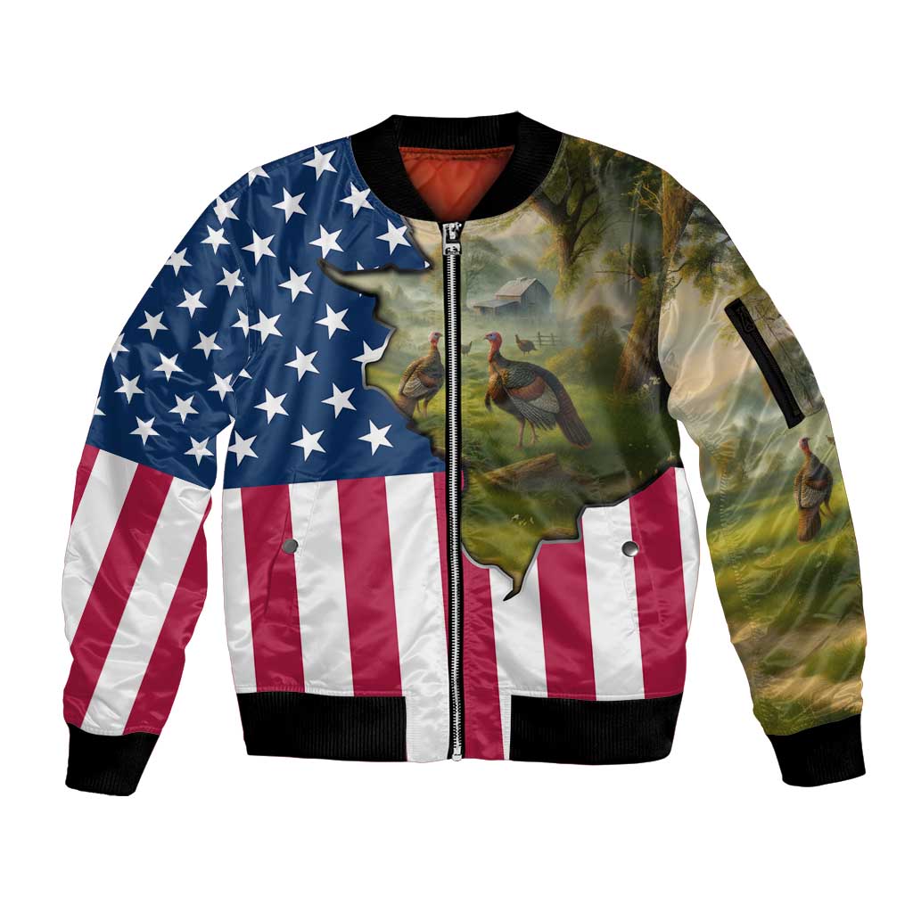 Custom American Flag Turkey Hunting Sleeve Zip Bomber Jacket with Illinois State Outline Country Farm Scene - Wonder Print Shop