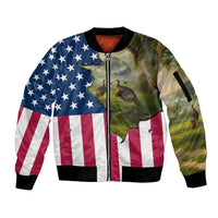 Custom American Flag Turkey Hunting Sleeve Zip Bomber Jacket with Illinois State Outline Country Farm Scene - Wonder Print Shop
