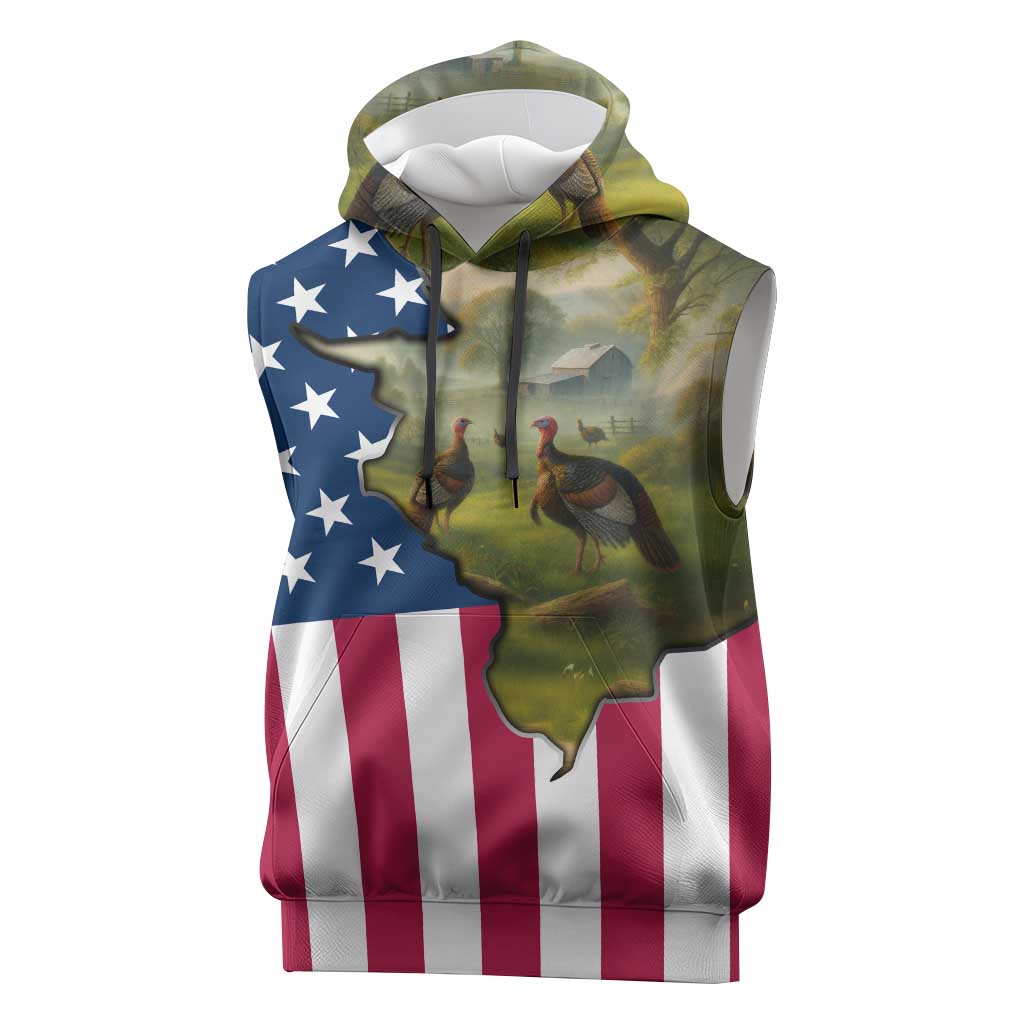 Custom American Flag Turkey Hunting Sleeveless Hoodie with Illinois State Outline Country Farm Scene - Wonder Print Shop