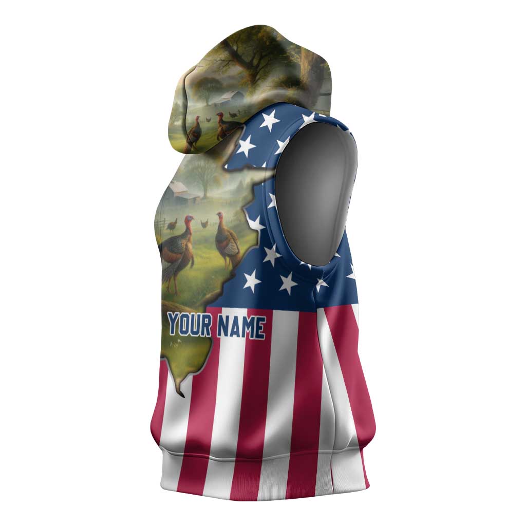 Custom American Flag Turkey Hunting Sleeveless Hoodie with Illinois State Outline Country Farm Scene - Wonder Print Shop