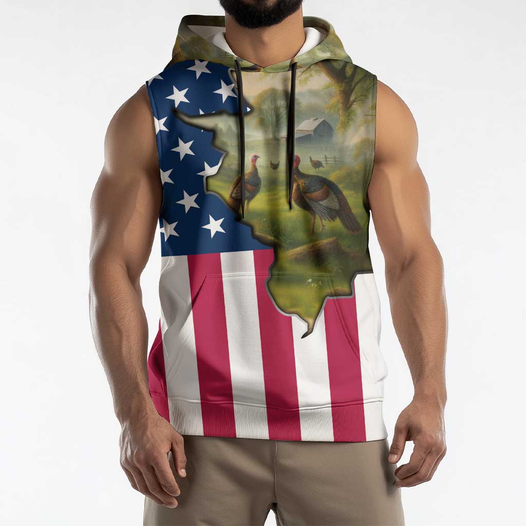 Custom American Flag Turkey Hunting Sleeveless Hoodie with Illinois State Outline Country Farm Scene - Wonder Print Shop