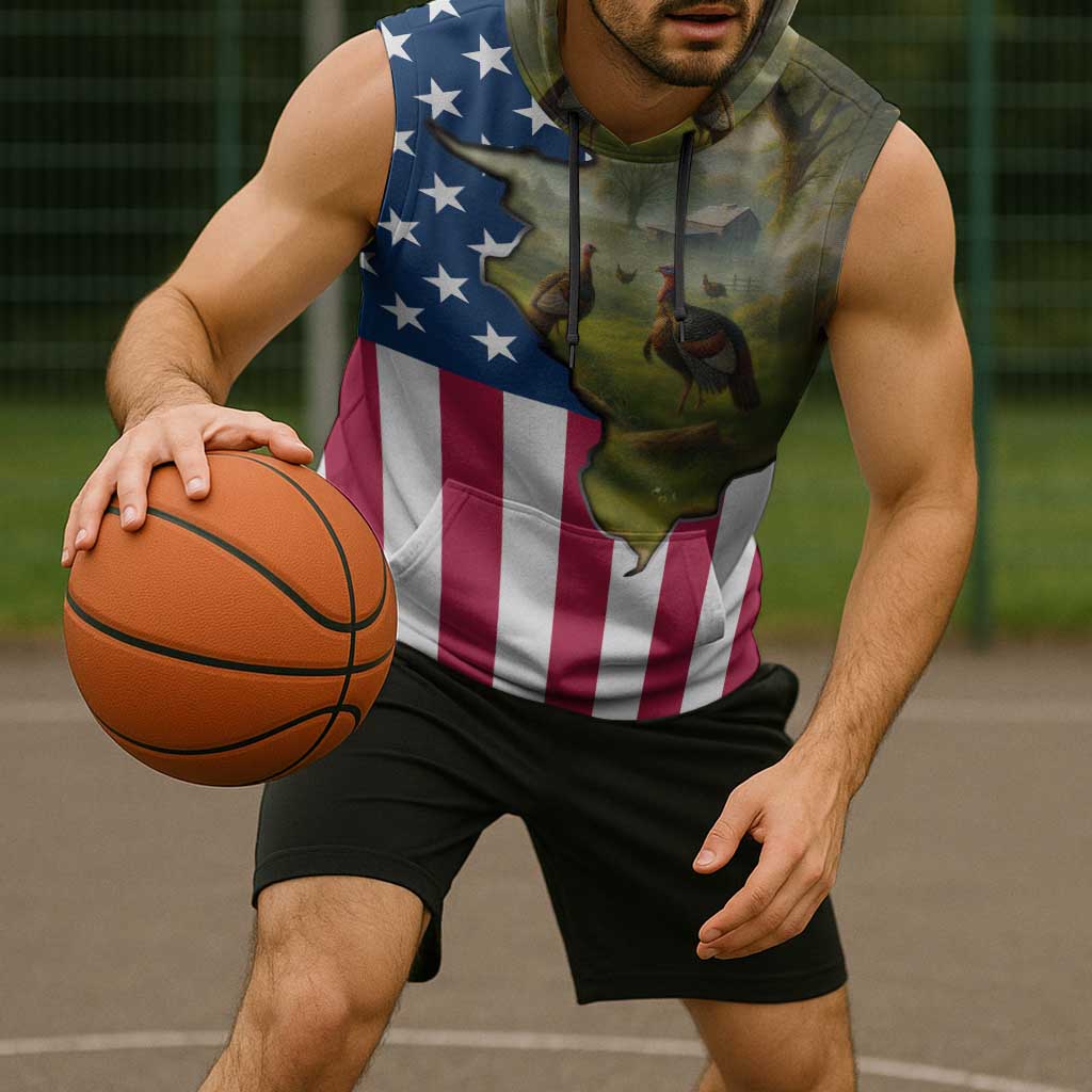 Custom American Flag Turkey Hunting Sleeveless Hoodie with Illinois State Outline Country Farm Scene - Wonder Print Shop