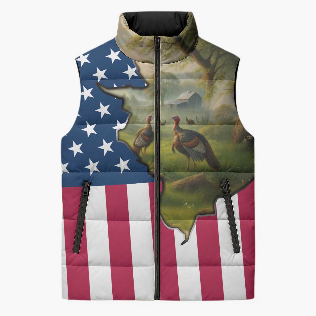 Custom American Flag Turkey Hunting Sleeveless Puffer Jacket with Illinois State Outline Country Farm Scene - Wonder Print Shop