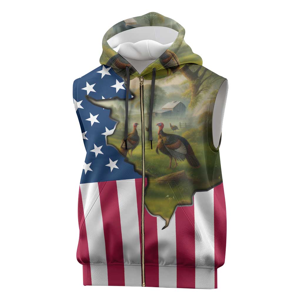 Custom American Flag Turkey Hunting Sleeveless Zip Hoodie with Illinois State Outline Country Farm Scene - Wonder Print Shop