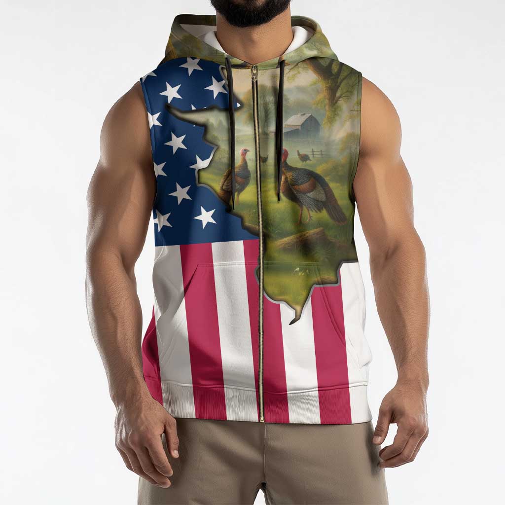Custom American Flag Turkey Hunting Sleeveless Zip Hoodie with Illinois State Outline Country Farm Scene - Wonder Print Shop