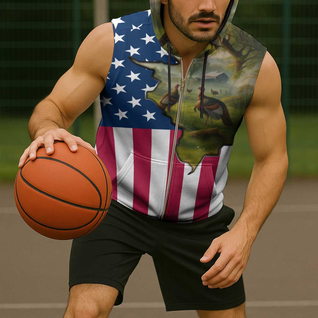 Custom American Flag Turkey Hunting Sleeveless Zip Hoodie with Illinois State Outline Country Farm Scene - Wonder Print Shop