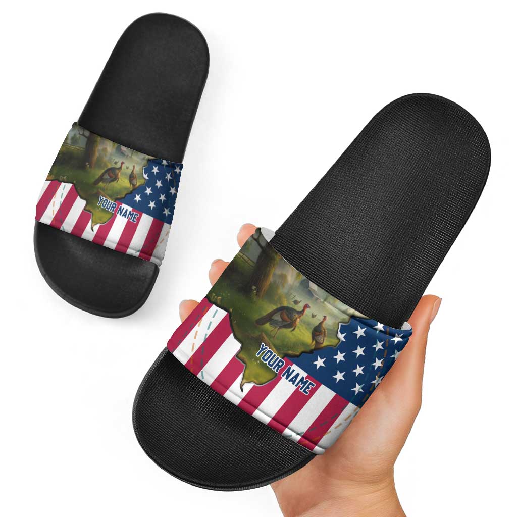 Custom American Flag Turkey Hunting Slide Sandals with Illinois State Outline Country Farm Scene - Wonder Print Shop