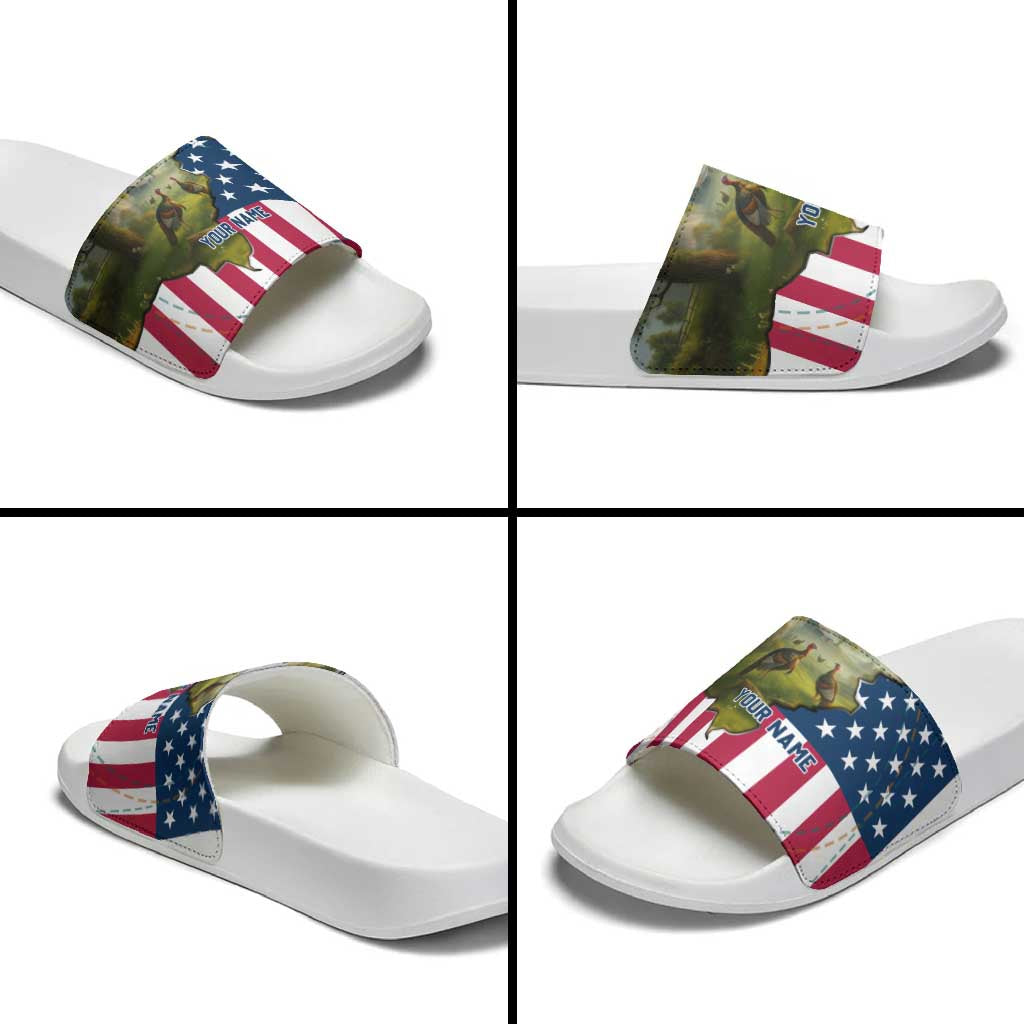 Custom American Flag Turkey Hunting Slide Sandals with Illinois State Outline Country Farm Scene - Wonder Print Shop