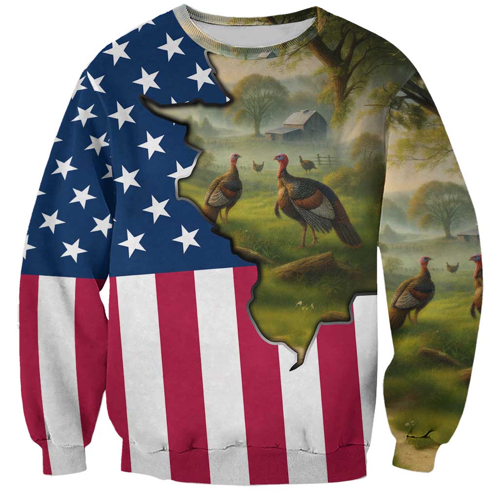 Custom American Flag Turkey Hunting Sweatshirt with Illinois State Outline Country Farm Scene - Wonder Print Shop