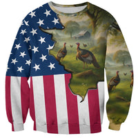 Custom American Flag Turkey Hunting Sweatshirt with Illinois State Outline Country Farm Scene - Wonder Print Shop