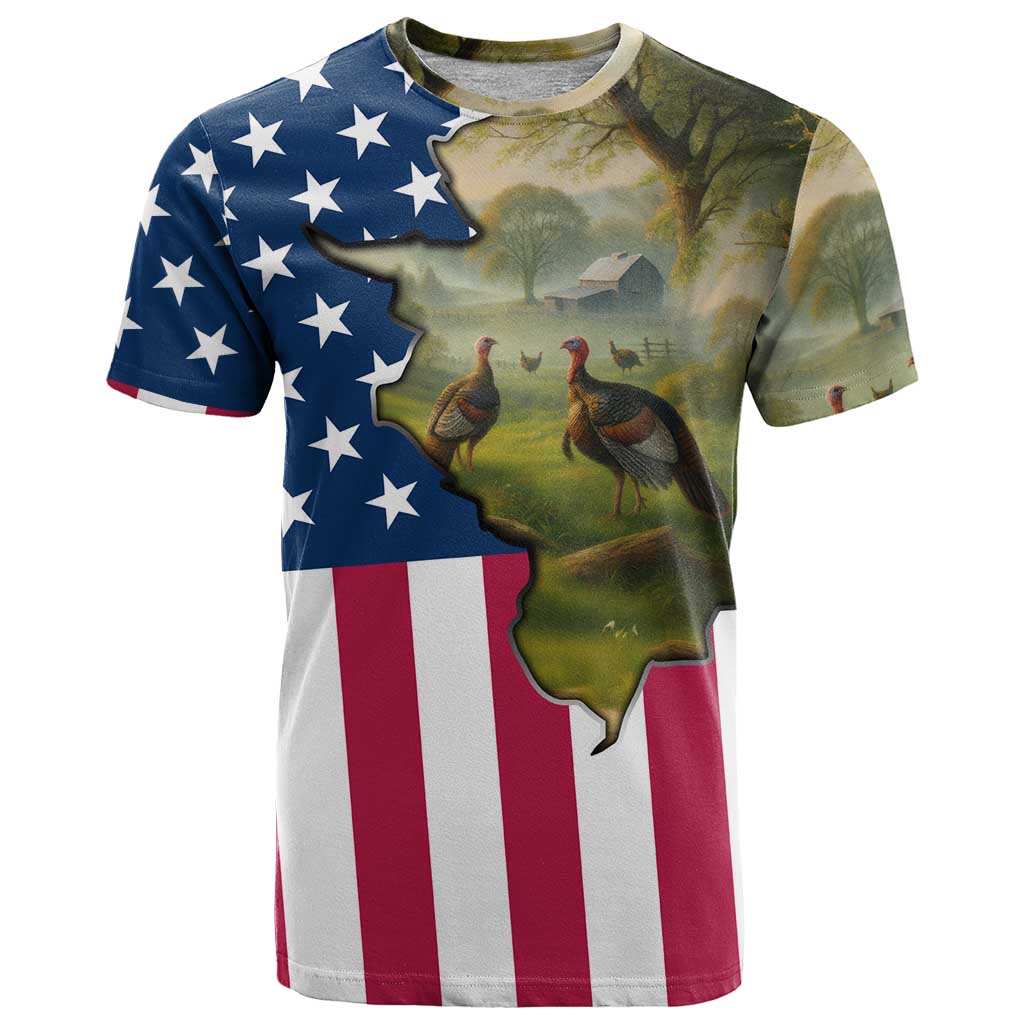 Custom American Flag Turkey Hunting T Shirt with Illinois State Outline Country Farm Scene - Wonder Print Shop