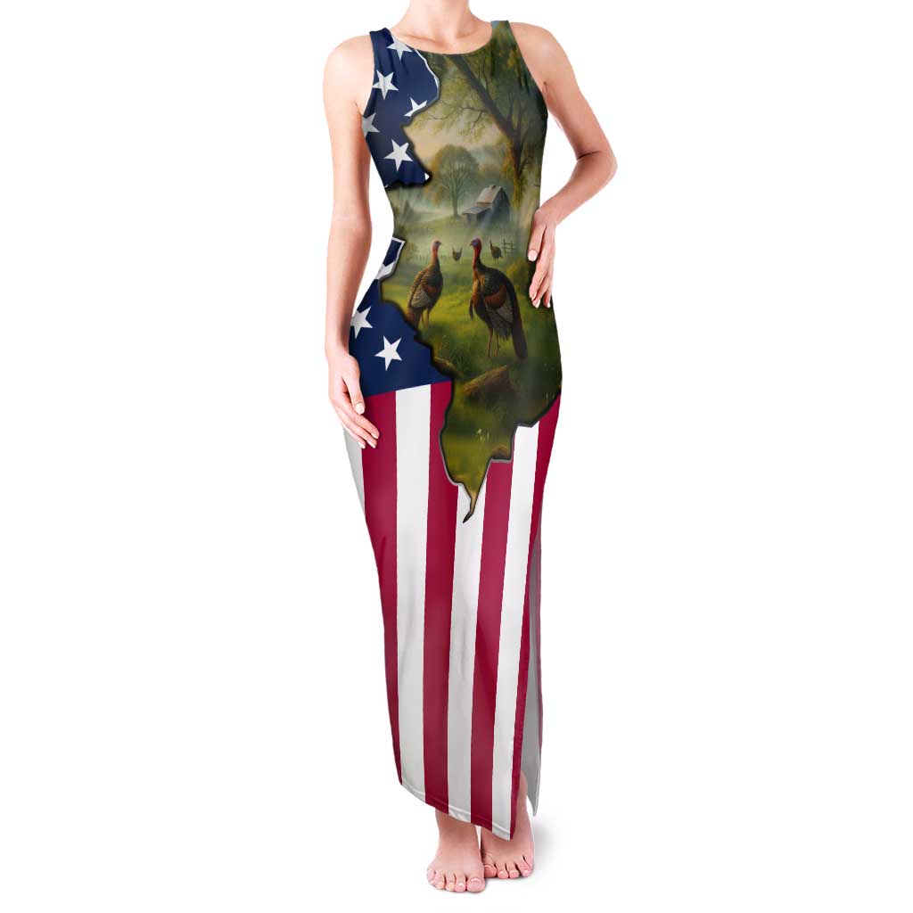 Custom American Flag Turkey Hunting Tank Maxi Dress with Illinois State Outline Country Farm Scene - Wonder Print Shop