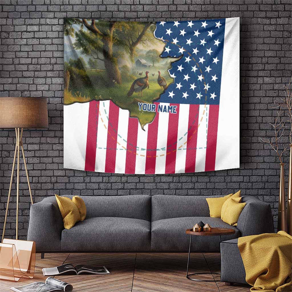 Custom American Flag Turkey Hunting Tapestry with Illinois State Outline Country Farm Scene - undefined