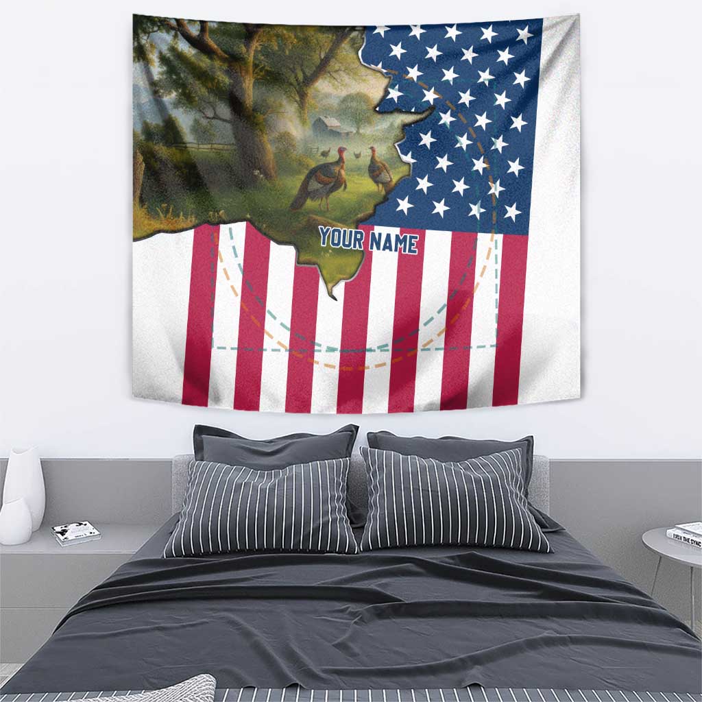 Custom American Flag Turkey Hunting Tapestry with Illinois State Outline Country Farm Scene - undefined