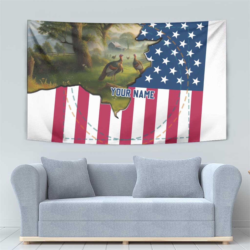 Custom American Flag Turkey Hunting Tapestry with Illinois State Outline Country Farm Scene - undefined