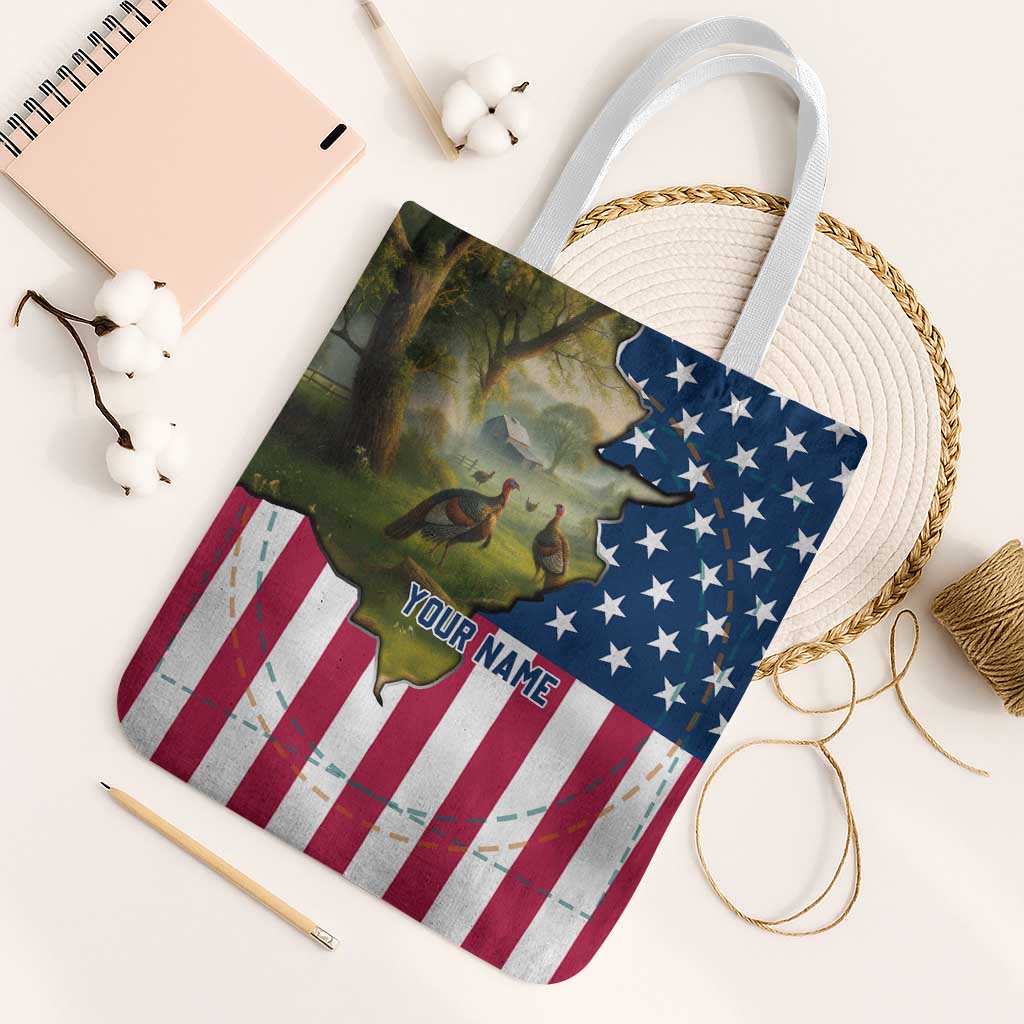 Custom American Flag Turkey Hunting Tote Bag with Illinois State Outline Country Farm Scene - Wonder Print Shop