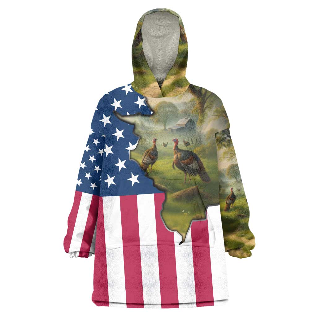 Custom American Flag Turkey Hunting Wearable Blanket Hoodie with Illinois State Outline Country Farm Scene - Wonder Print Shop