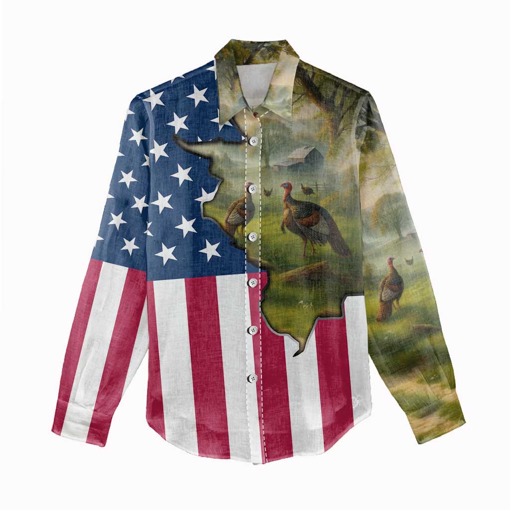 Custom American Flag Turkey Hunting Women Casual Shirt with Illinois State Outline Country Farm Scene - Wonder Print Shop
