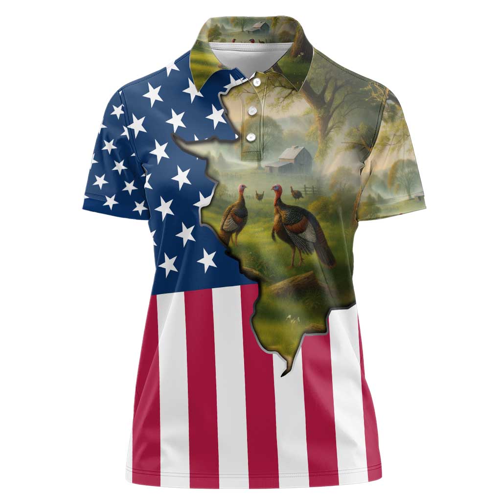 Custom American Flag Turkey Hunting Women Polo Shirt with Illinois State Outline Country Farm Scene - Wonder Print Shop