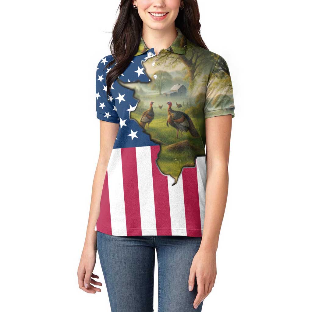 Custom American Flag Turkey Hunting Women Polo Shirt with Illinois State Outline Country Farm Scene - Wonder Print Shop