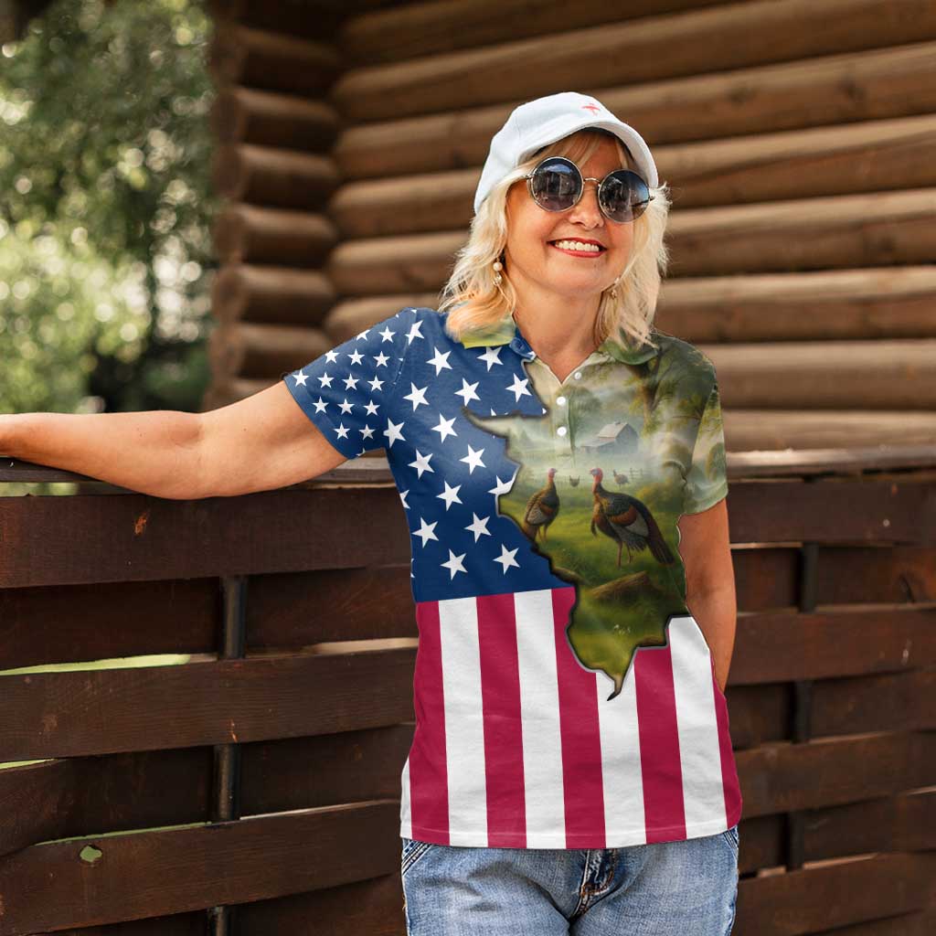 Custom American Flag Turkey Hunting Women Polo Shirt with Illinois State Outline Country Farm Scene - Wonder Print Shop