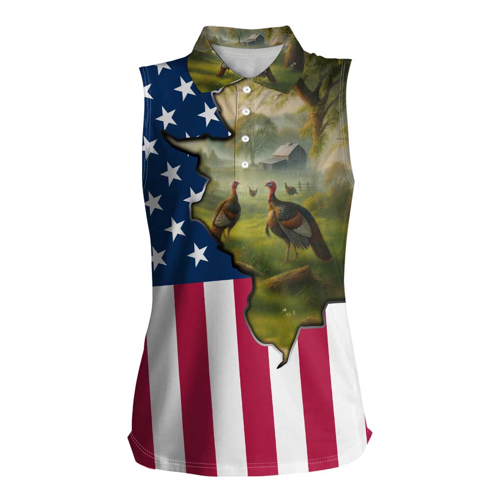 Custom American Flag Turkey Hunting Women Sleeveless Polo Shirt with Illinois State Outline Country Farm Scene - Wonder Print Shop